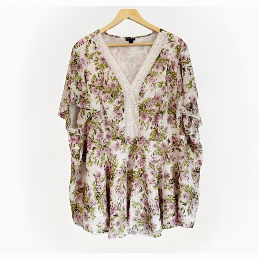 Torrid Ivory Garden Floral Peplum Chiffon Dot Lace Inset Top 5X Cottagecore